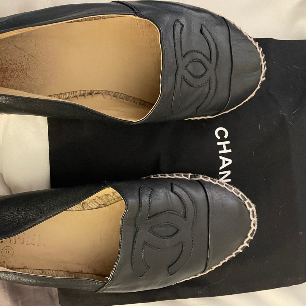 Chanel black leather espadrilles